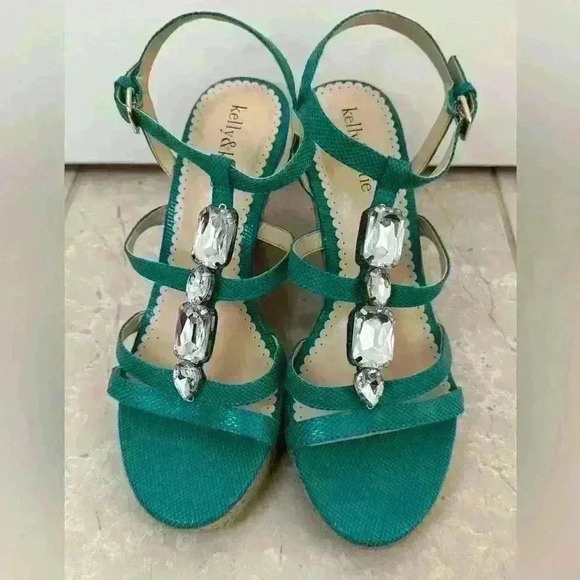 Kelly & Katie Wedge Jeweled Shoes Teal Green Size 8 - Picture 1 of 6